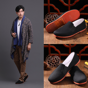老北京布鞋男黑色舒适手工缝制休闲鞋牛皮底单鞋礼服呢面国风布鞋