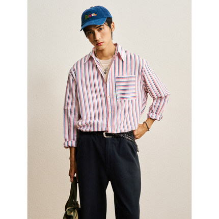 CENLES AW26 条纹泡泡纱口袋长袖休闲条纹衬衫简约宽松衬衣外套