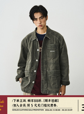 CENLES AW25 水洗帆布绣花工装夹克男宽松复古做旧外套翻领日系
