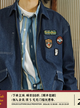 CENLES 美式复古刺绣徽章短款夹克秋款宽松休闲日系牛仔外套