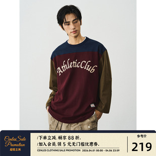 CENLES 复古拼色全棉运动长袖 T恤男宽松美式 学院风印花TEE AW25