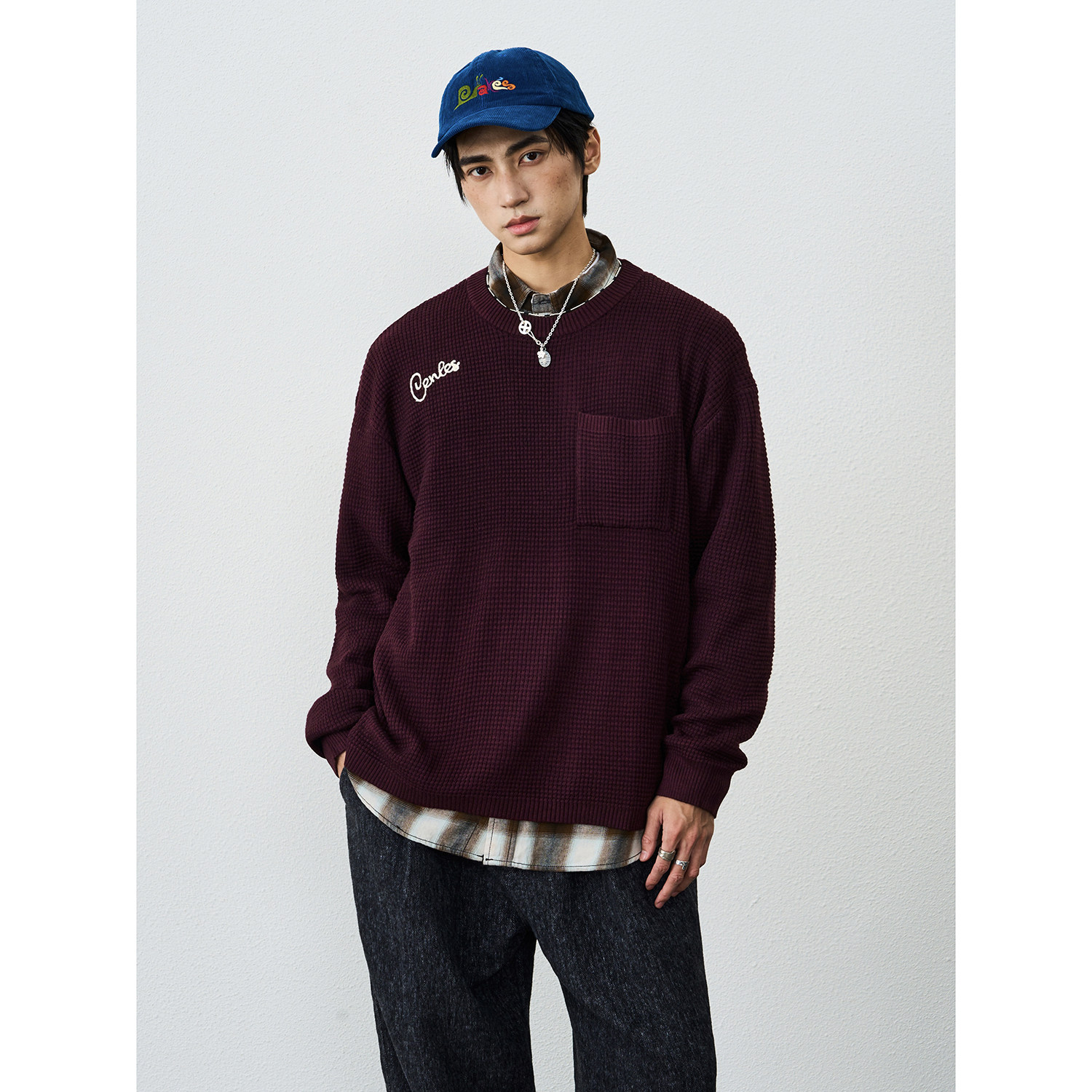 CENLES AW25 秋冬新款羊毛混纺美式肌理提花针织圆领套头针织衫男