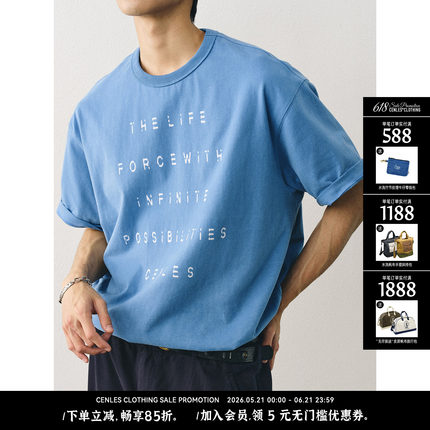 CENLES 美式复古破碎标语短袖T恤男宽松夏季印花休闲纯棉TEE