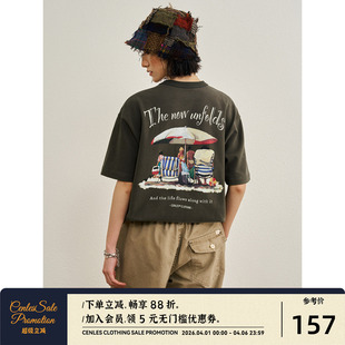 美式 CENLES SS26 沙滩风光 复古插画印花水洗圆领T恤宽松短袖