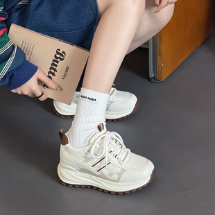 女渊博2026春季 休闲女鞋 新款 女运动小白鞋 厚底单鞋 真皮增高老爹鞋