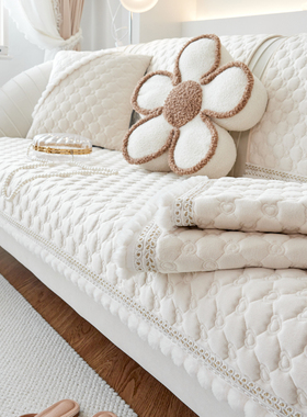 白色奶油风冬季毛绒沙发垫加厚保暖高档简约皮沙发坐垫子轻奢盖布