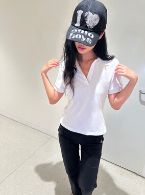 VACANCES美式复古polo领星星印花短袖直筒T恤女修身显瘦百搭