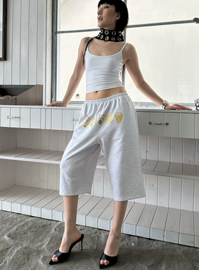 VACANCES 25夏季新款印花松紧腰七分裤高级感百搭显瘦显腿直