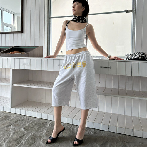 VACANCES 25夏季新款印花松紧腰七分裤高级感百搭显瘦显腿直