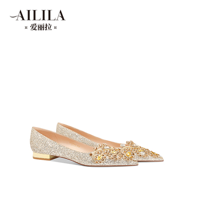 爱丽拉金色婚鞋女2025新款婚纱两穿不累脚孕妇可穿平底新娘鞋