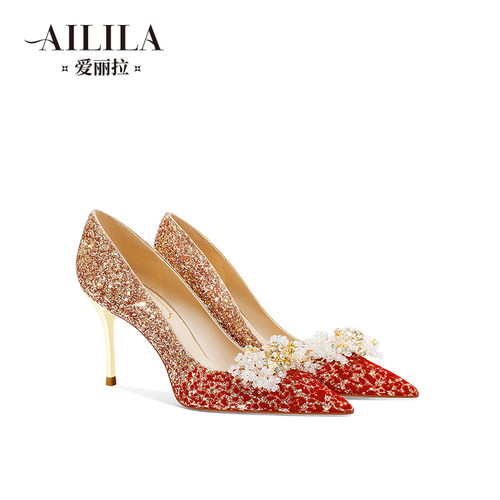 爱丽拉红色高跟婚鞋可拆卸扣饰