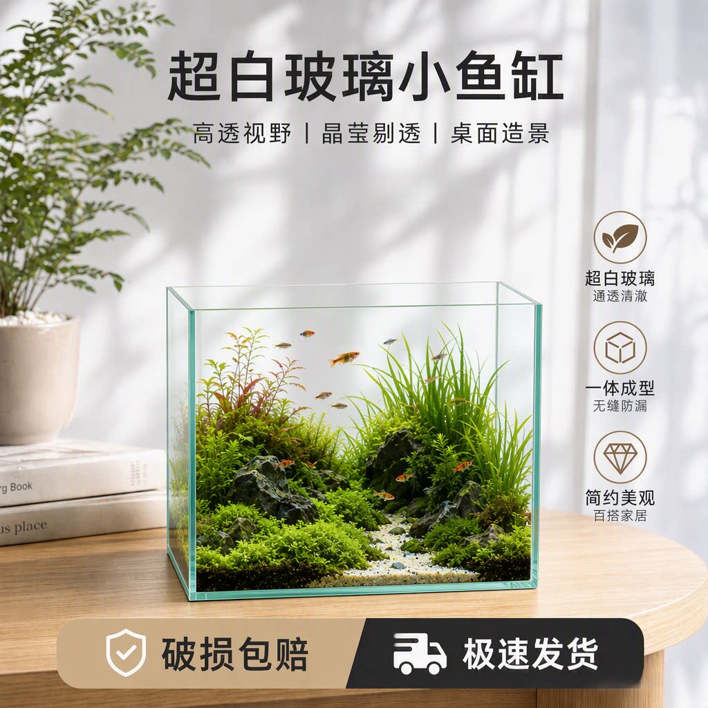 鱼缸金晶超白黑背玻璃缸小型客厅图片