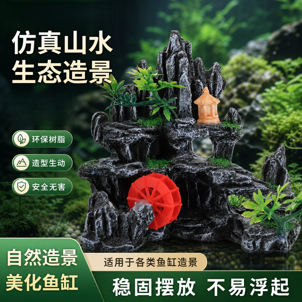 鱼缸仿真假山造景小型风车可转动图片