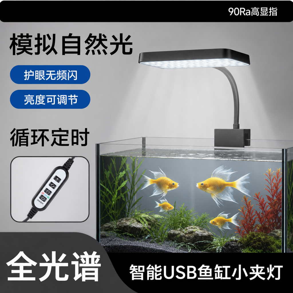 新款usb水草灯led鱼缸灯全光谱仿太阳光植物生长灯爆藻灯定时变光