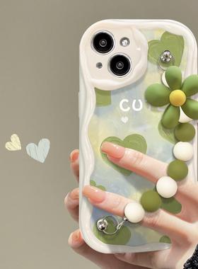 小清新绿色爱心适用苹果14手机壳iphone13新款12/11promax腕带保护套xr女xsmax硅胶7p/8plus创意6splus简约se