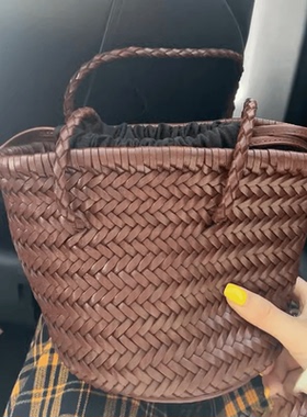 Z家同款编织包新款真皮菜篮子单肩包复古纯手工水桶包ins女包韩版