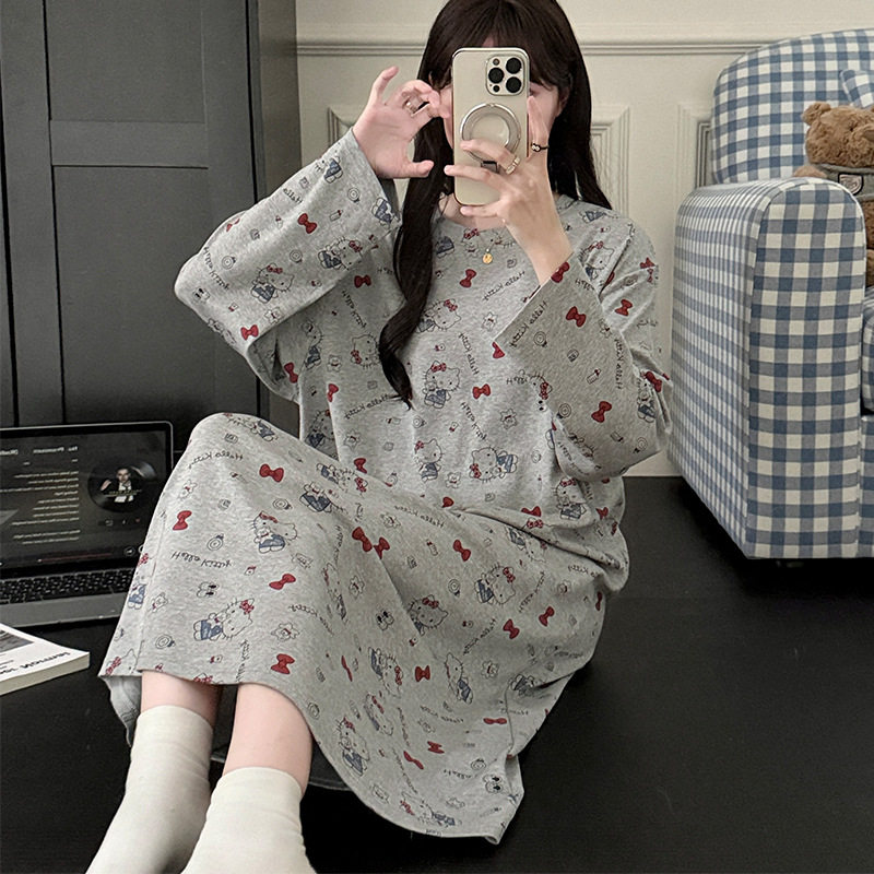 可爱KT猫纯棉睡裙女春秋套头长袖卡通学生中长款家居服一件代发