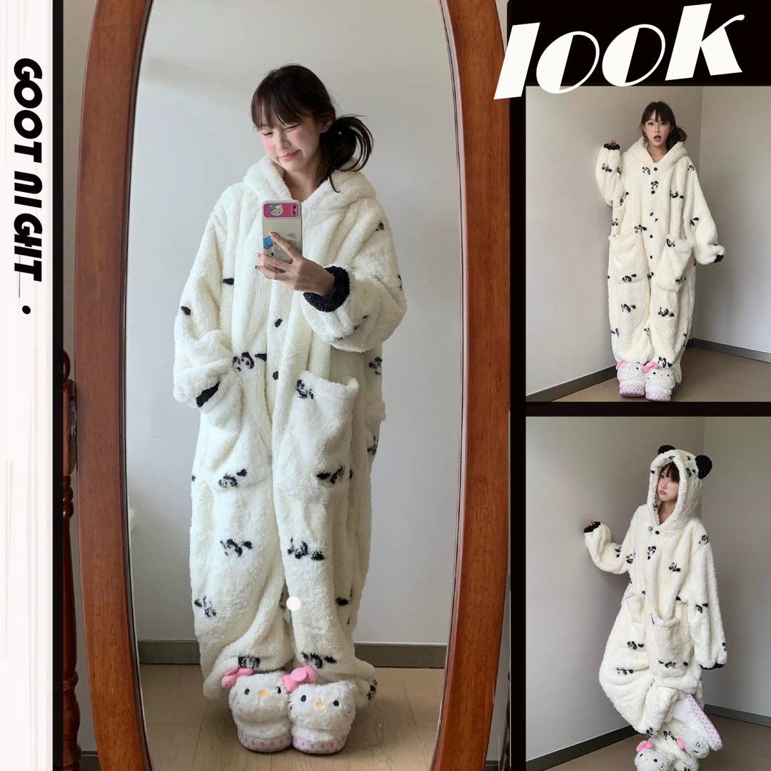 可爱卡通熊猫连体睡衣女冬季连帽一体式珊瑚绒加绒加厚保暖家居服