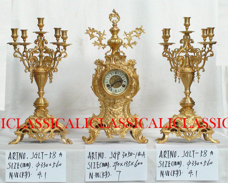 仿古钟表 欧式 纯铜镀金机械套钟（两台烛台一台钟表）