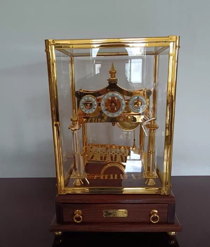 纯铜镀金滚球机械座钟  花梨木底座