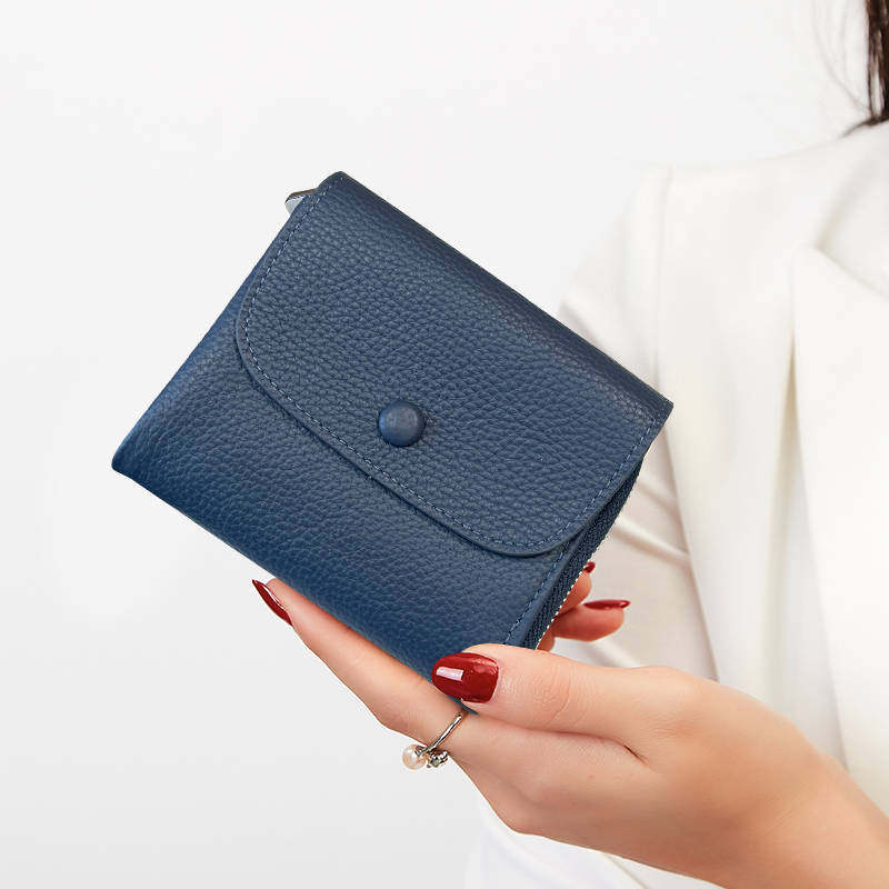 软牛皮短款三折小钱包女百搭2023新款真皮超薄折叠钱夹拉链零钱包