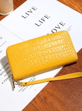 高档鳄鱼纹真皮长款手拎钱包女气质2026新款软牛皮黄色手包放手机