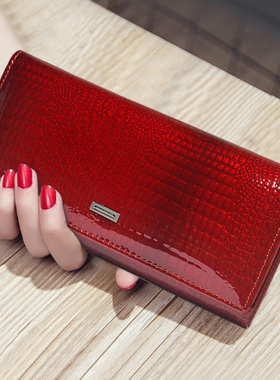 时尚真皮大容量长款钱包女气质2025新款鳄鱼纹亮皮多卡位大钞钱夹