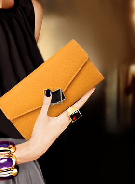 头层牛皮长款超薄钱包大容量放手机2025新款黄色招财软面真皮钱夹