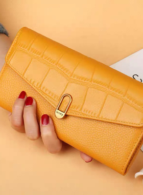 时尚真皮长款钱包女2026新款LOVE五金牛皮钱夹放手机黄色招财皮夹