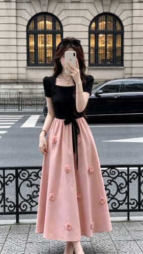 LiLi李李家黑粉莫奈法式设计感立体花朵长裙拼接收腰连衣裙女