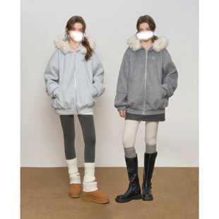 QDQD 原创连帽毛领羊毛呢子大衣夹棉加厚保暖秋冬季拉链卫衣外套