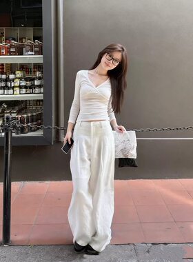 YUYUREAL 氧气100% 全亚麻夏日空调白色粉色休闲裤垂感阔腿棉麻裤