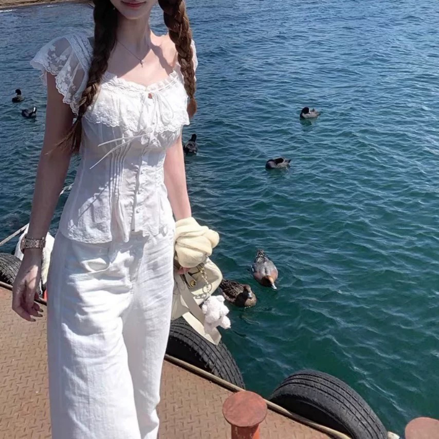 JMSHOP 纯白盛夏 多种穿法~花边白色衬衫女夏季露肩/一字肩上衣