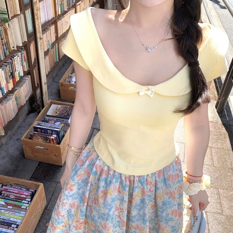 初梦4/14 昭和doll感大娃娃领蝴蝶结少女感日系风短款T恤POKEMENG