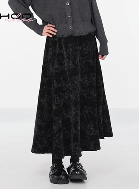 NHOO恩逅 小众设计感蝴蝶纹印花半身裙绒感保暖半裙