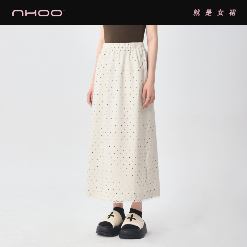 NHOO恩逅 韩系温柔显瘦百搭波点半身裙缎面蕾丝拼接设计春秋女裙