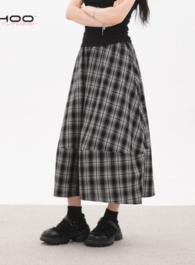 NHOO女裙 高级感泡泡纱格纹分割半身裙大裙摆A字简约松紧腰百搭