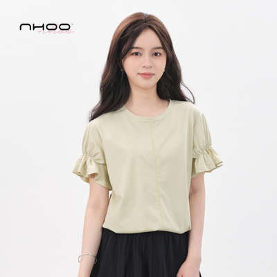 韩系甜美简约抽绳花边袖圆领T