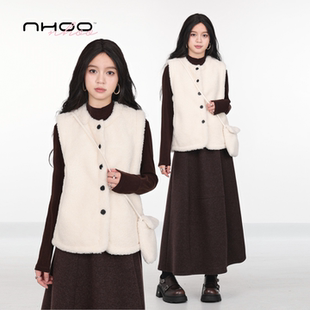 NHOO恩逅秋冬新款加绒毛呢半身裙女套装高级羊羔绒马甲外套女上衣