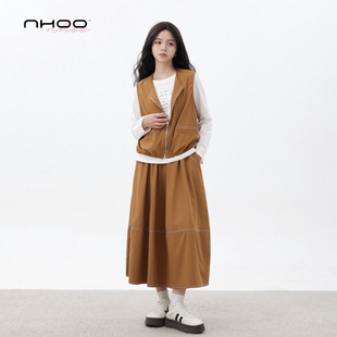 NHOO恩逅 橙色工装马甲套装长袖打底半身裙女春秋新款中长款裙子