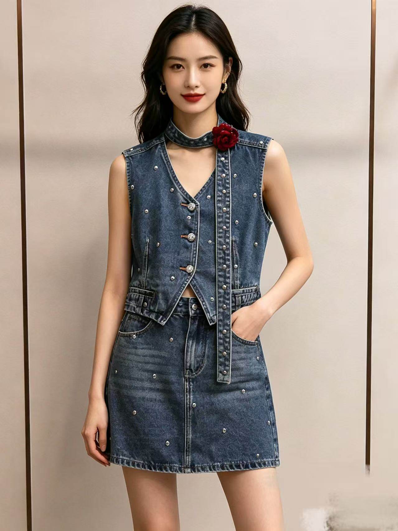 复古铆钉牛仔马甲套装女 202大码套装