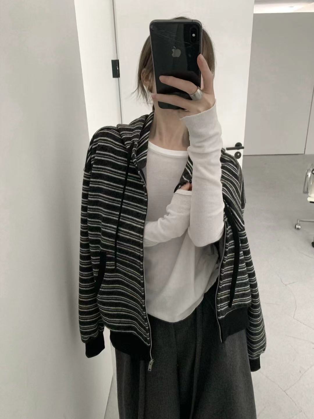 Formseven2025秋季新款女装条纹连帽卫衣女宽松休闲百搭上衣