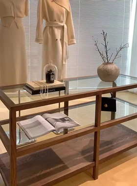 网红服装店胡桃色全实木中岛柜置物架陈列中间摆台饰品展示架玻璃