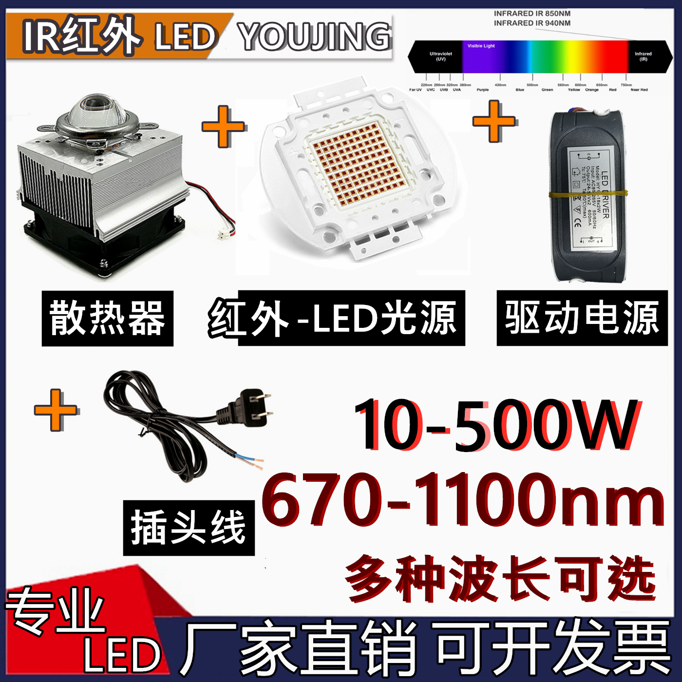 LED大功率灯珠红外线IR集成10-200W 670-1100 730 760 980nm-封面