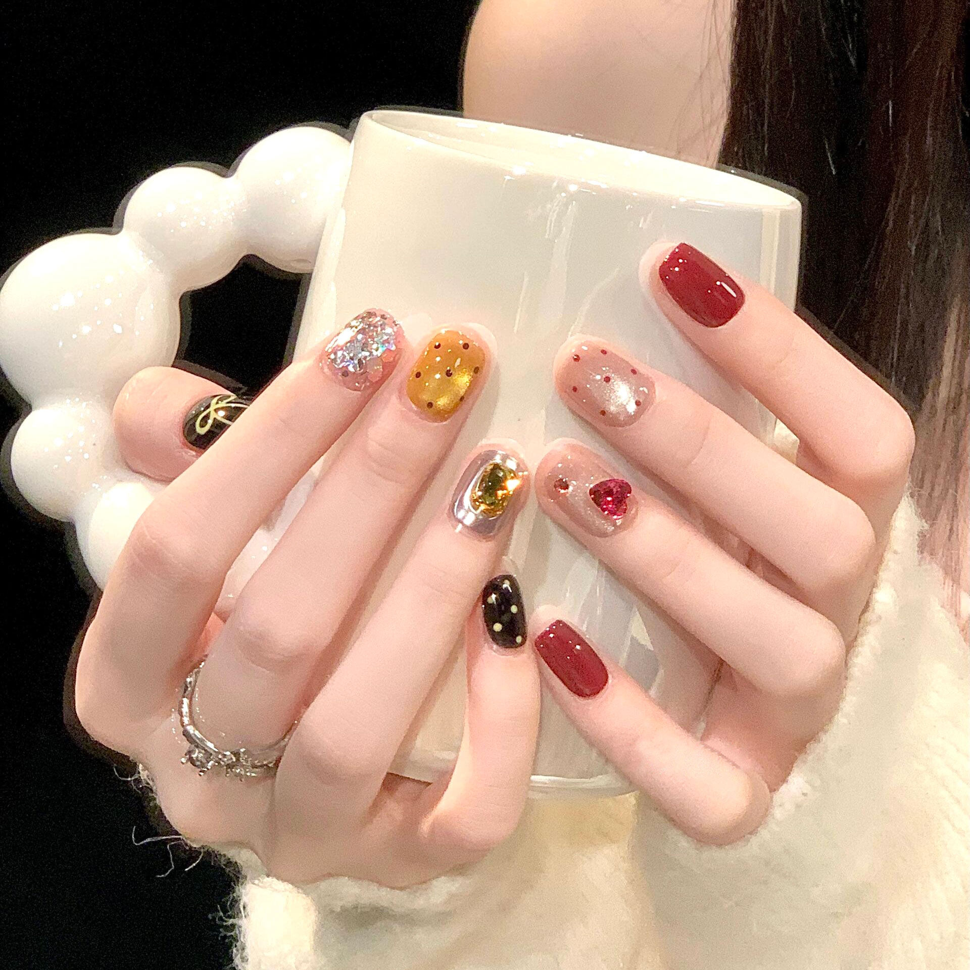 手工穿戴甲焦糖树莓撞色美甲爆闪玻璃珠猫眼指甲片新款显白高级感,彩妆/香水/美妆工具,美甲工具,淘宝优惠券,粉丝福利购,淘宝优惠卷
