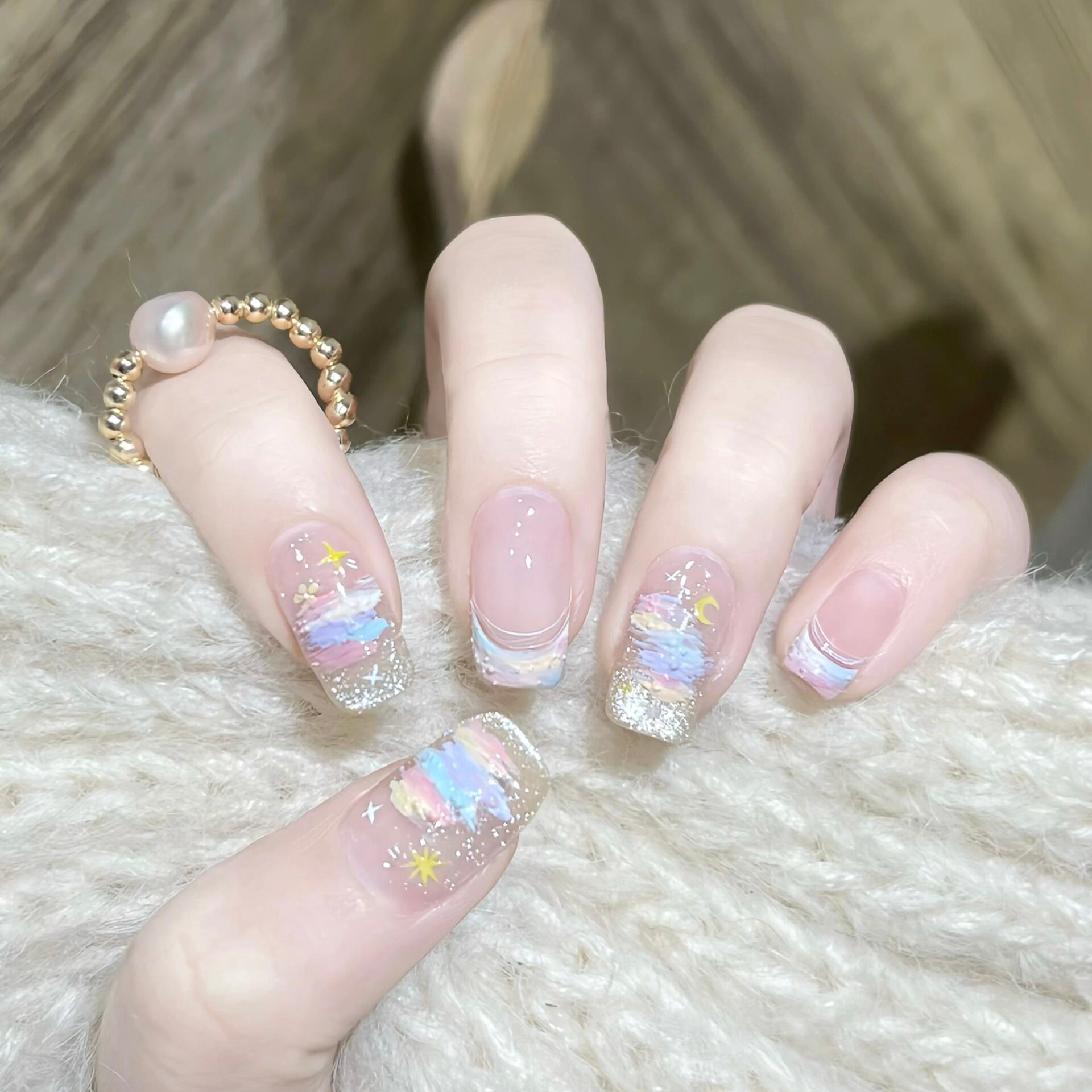 手工穿戴甲新款莫奈油画彩虹花花美甲元气多巴胺指甲片显白高级感