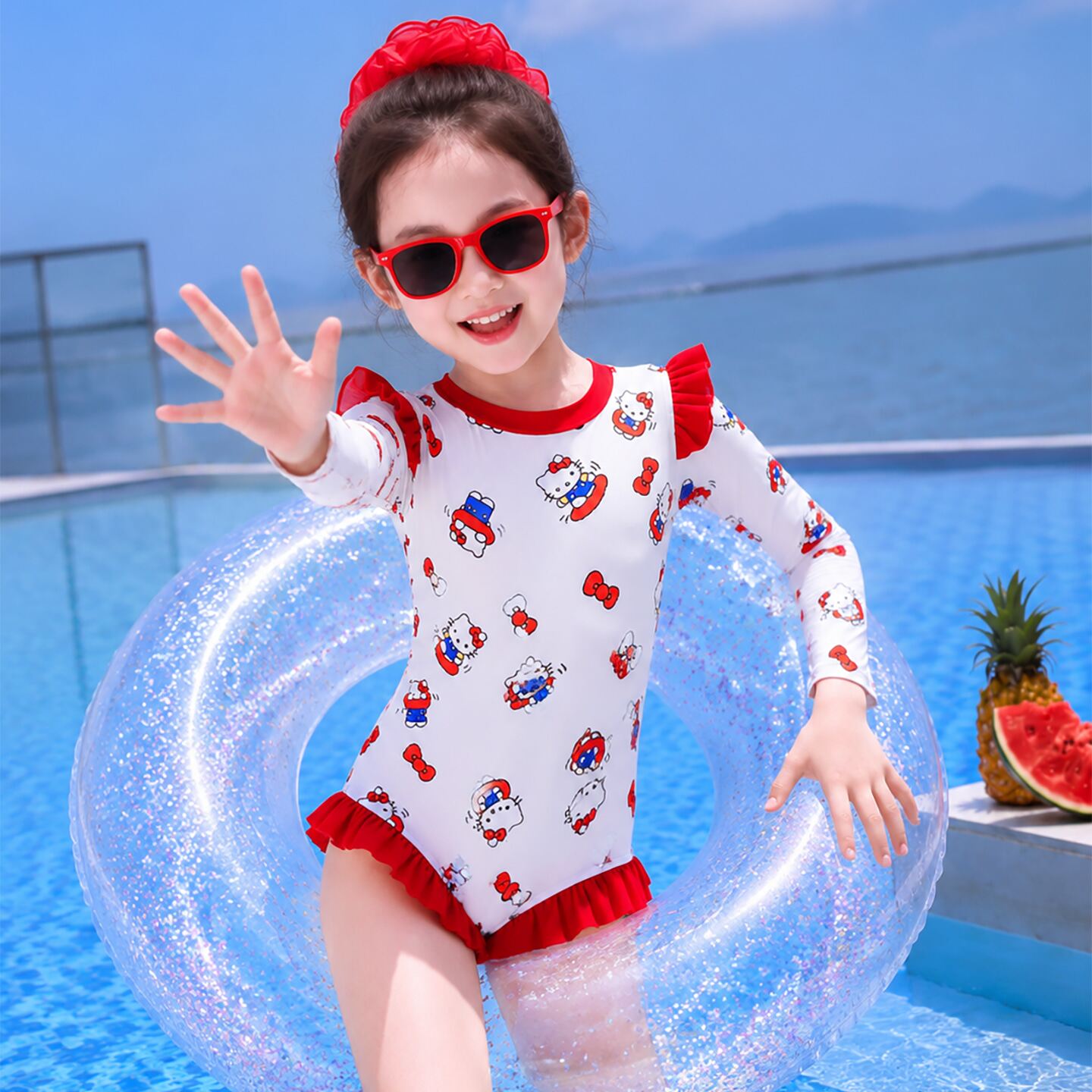 女童泳衣夏2026新款韩版宝宝甜美卡通Kitty猫连体防晒长袖游泳衣