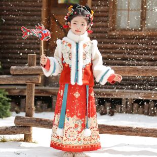 拜年服女童冬季儿童汉服古装2026新款马面裙套装喜庆过年衣服冬装