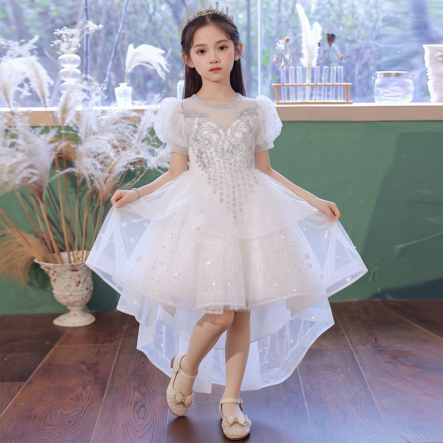 女童礼服拖尾花童婚礼小女孩儿童生日公主裙主持人走秀钢琴演出服