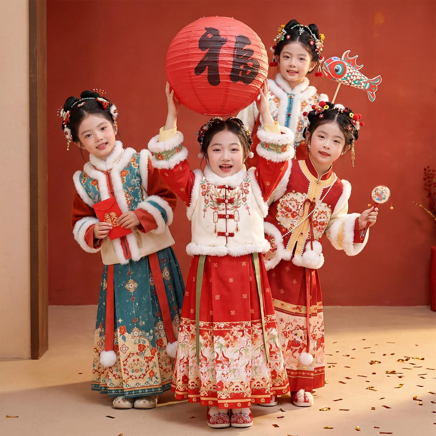 女童喜庆过年汉服儿童马面裙套装2026新款中国风新年装拜年服冬装